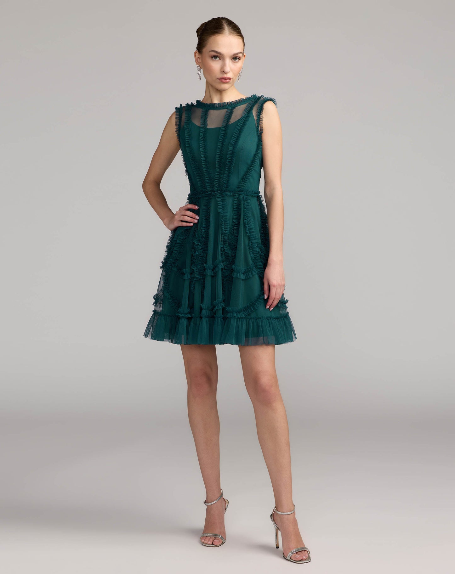 High Neck Sleeveless Micro Ruffle Mini Dress