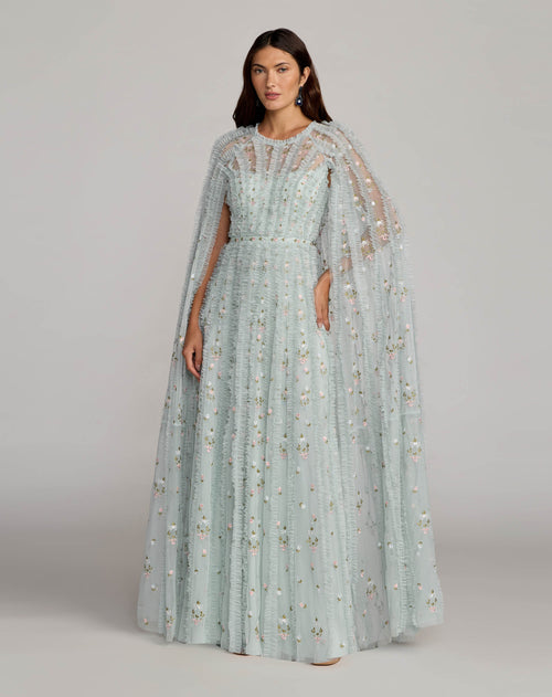 Blue Embroidered High Neck Cape Sleeve Gown