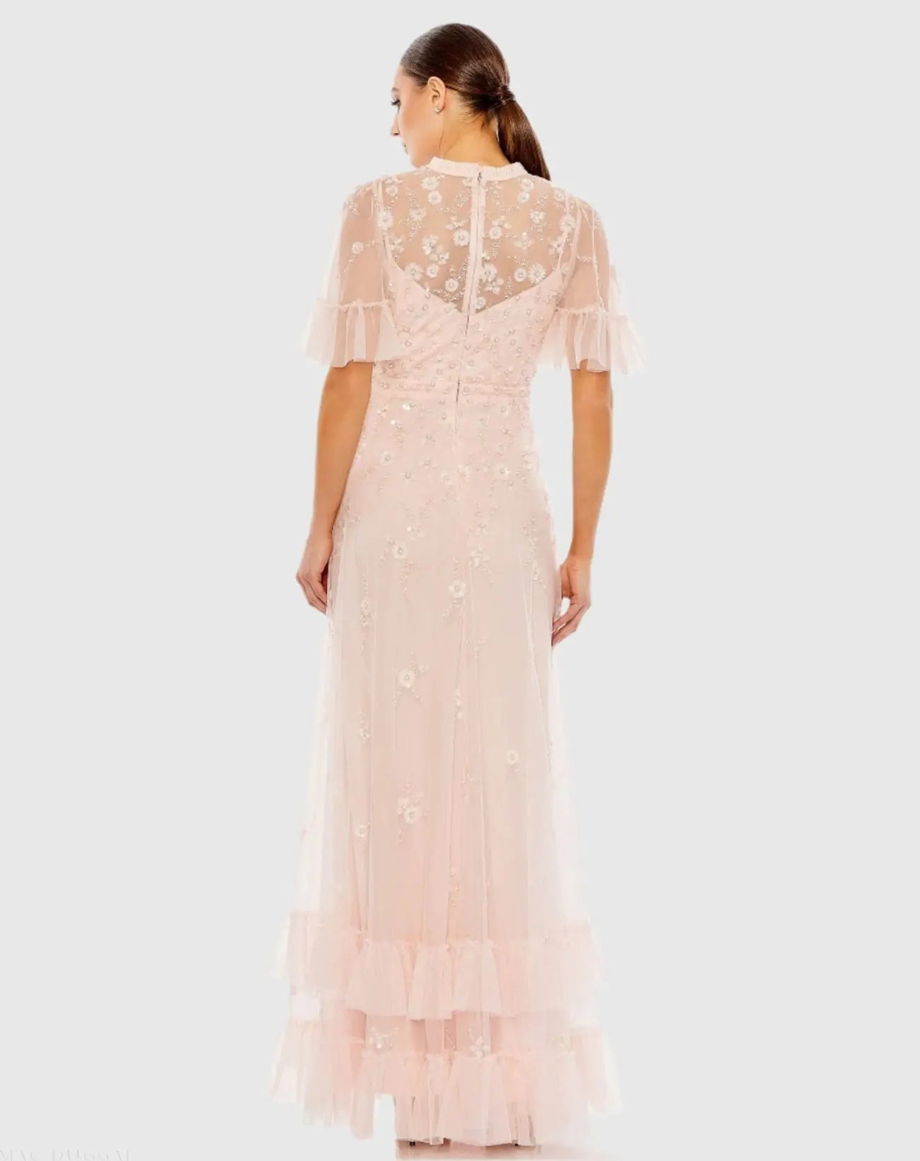 Light Pink Floral Embellished Flutter Sleeve A-Line Gown
