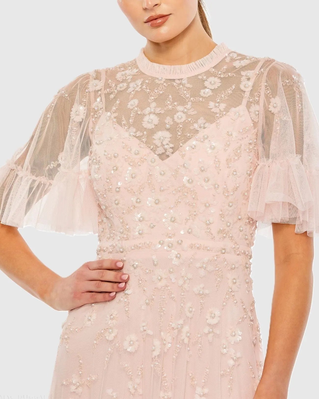 Light Pink Floral Embellished Flutter Sleeve A-Line Gown