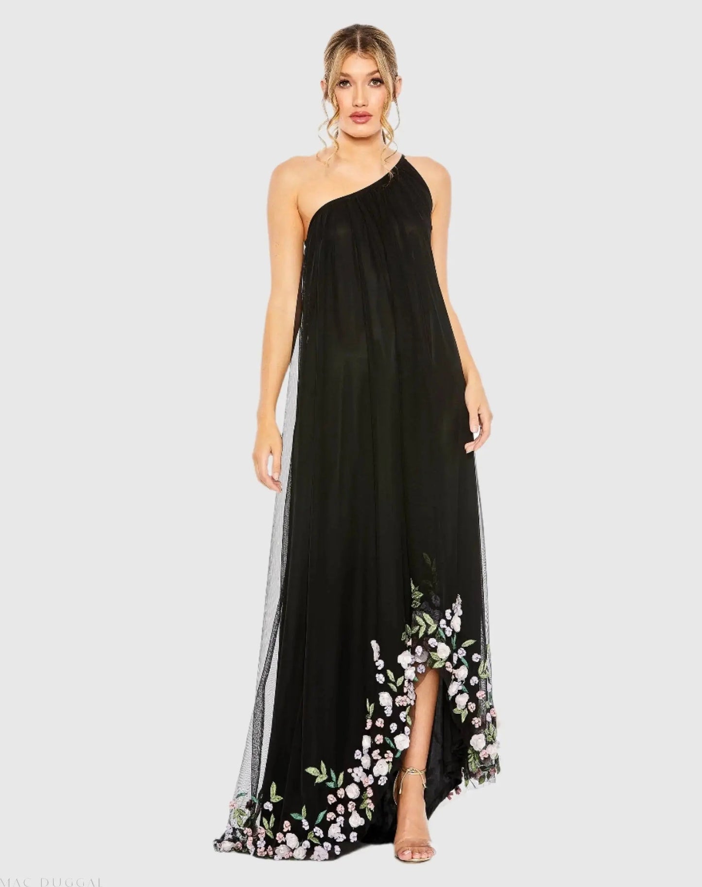 Black One Shoulder Embellished Trapeze Gown