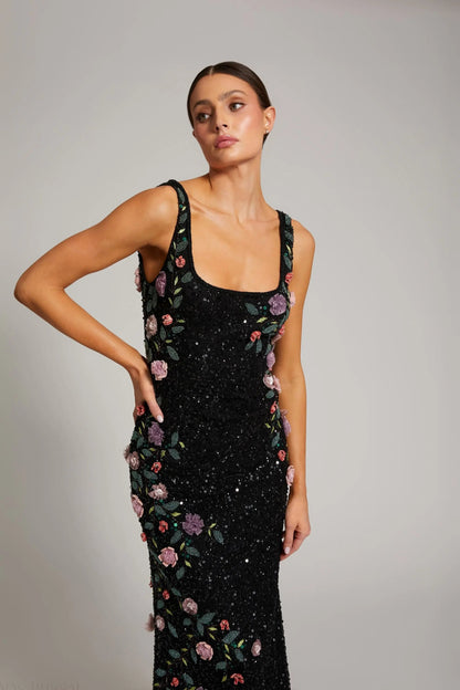 Black Floral Beaded Scoop Neck Sleeveless Gown