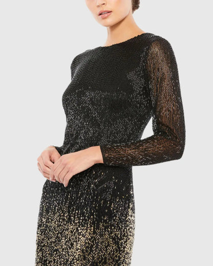 Black Long Sleeve Beaded Fringe Evening Gown