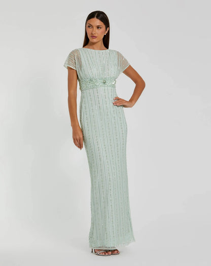 Blue Beaded Blouson Column Gown