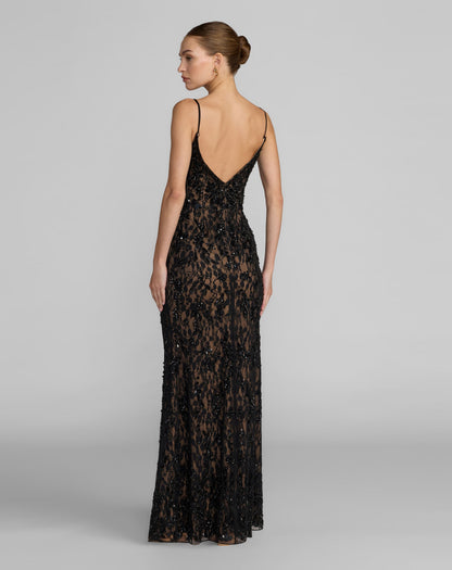 Black Embellished Lace Sleeveless Gown
