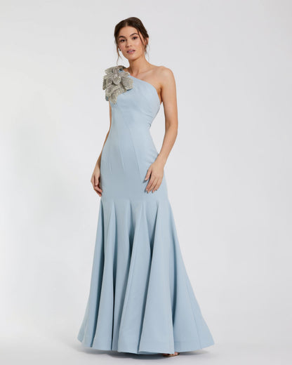 Crepe One Shoulder Gown With Crystal Flower