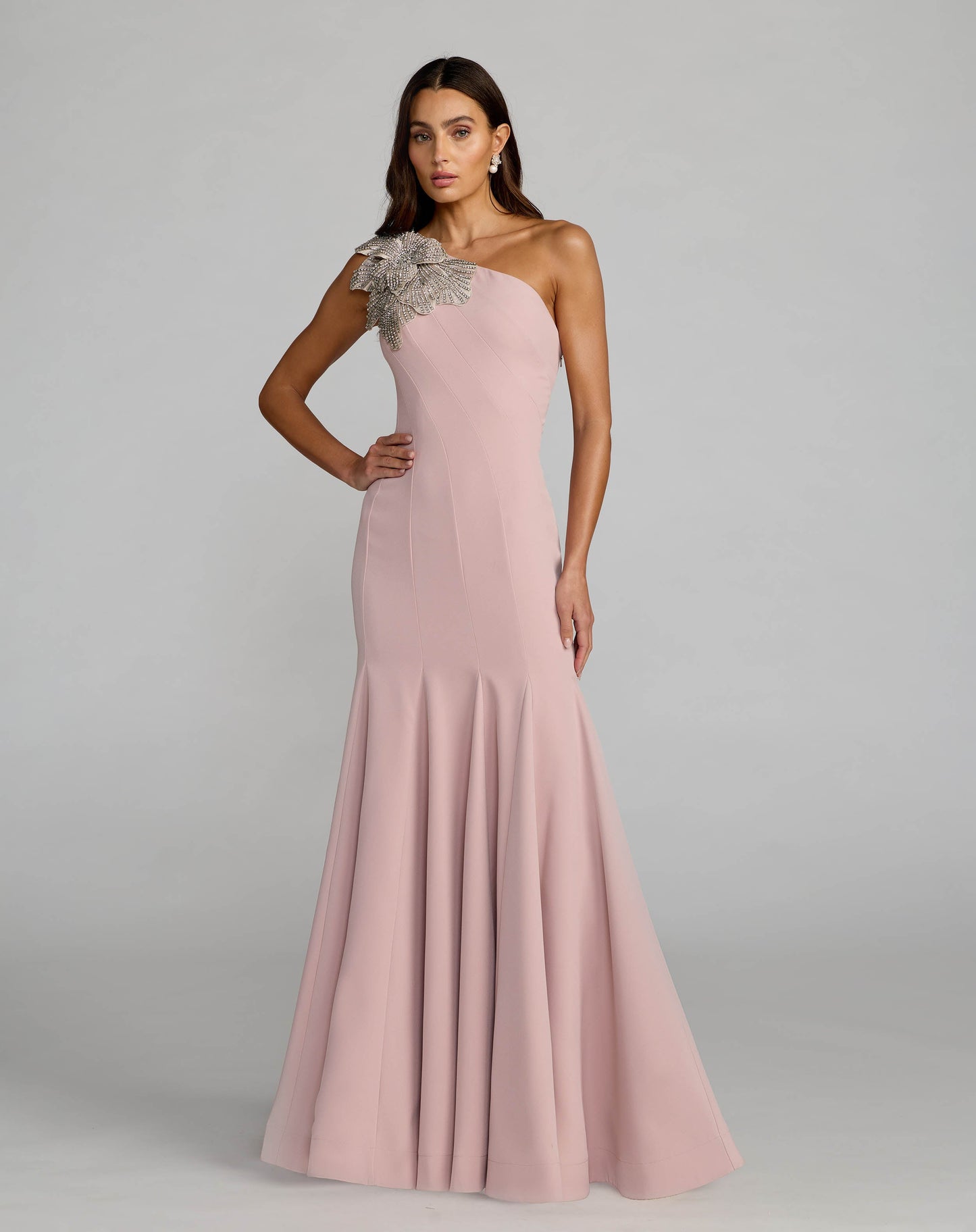 Crepe One Shoulder Gown With Crystal Flower