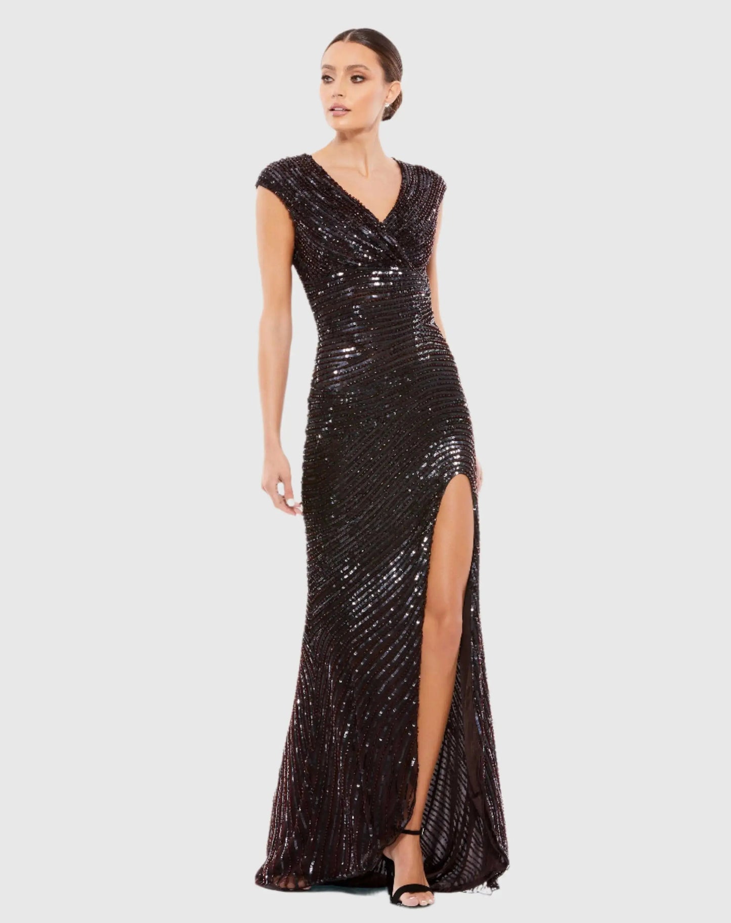 Brown Embellished Cap Sleeve Evening Gown