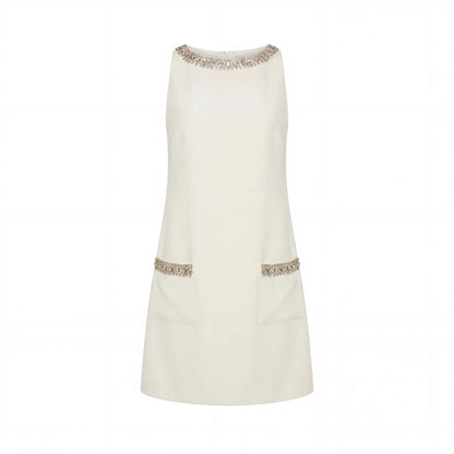Ivory Sleeveless Shift Mini Dress with Rhinestone Trim