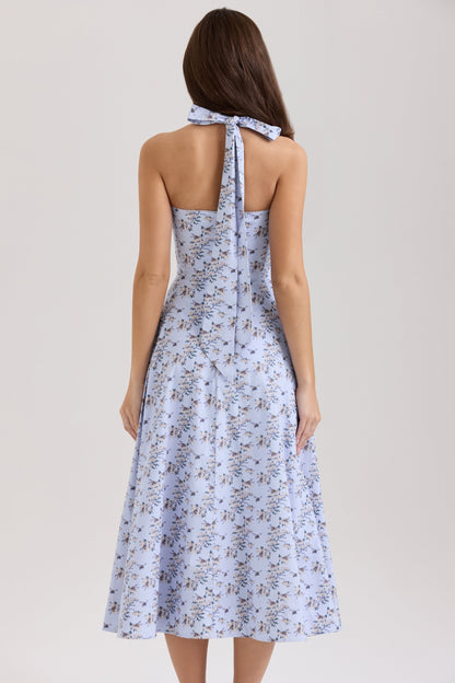 blue floral print stretch cotton halter neck midi dress
