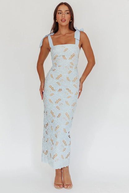 Coastal Bloom Tied Shoulder Maxi Dress Embroidered Baby Blue